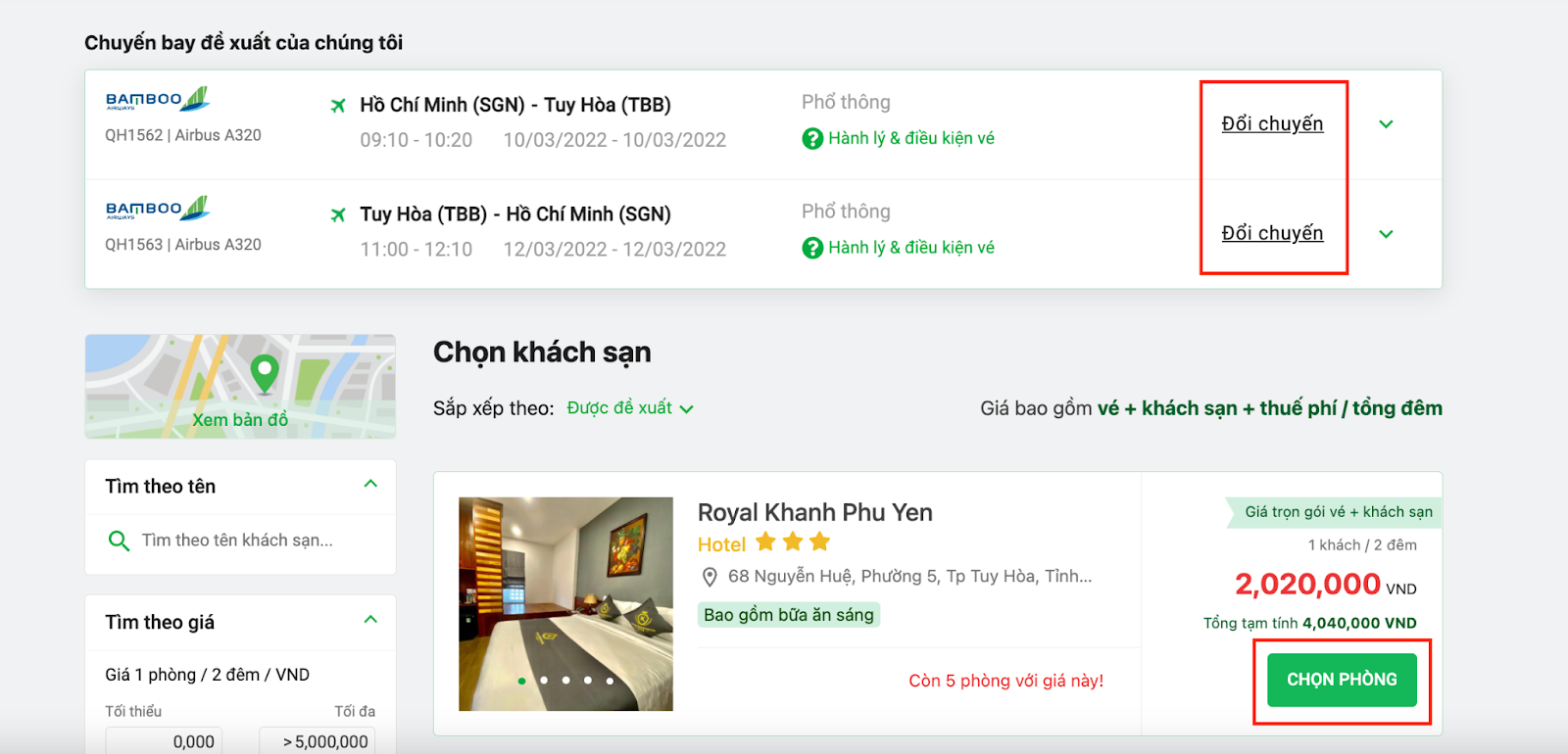 Nhấn đổi chuyến và chọn phòng để chọn combo vừa ý